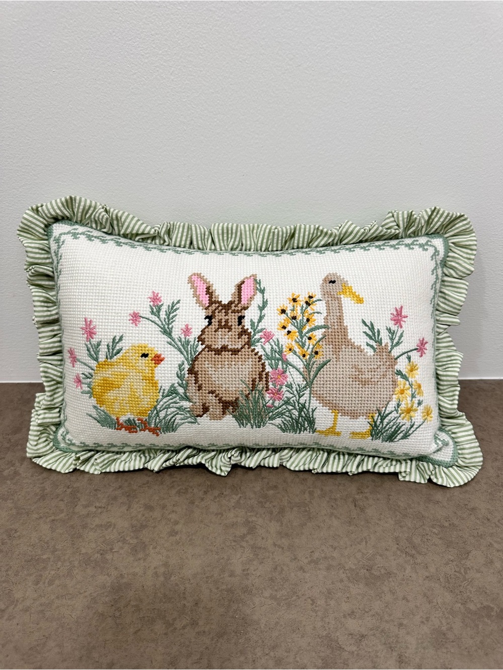 Easter Needlepoint Pillow Chick Bunny Duckling Floral GrannyCore Cottage 17 x 10 - Picture 3 of 10